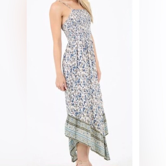 Angie Smocked sundress blue, green, white Floral, ruffle angled hem.Maxi boho S - Picture 7 of 8